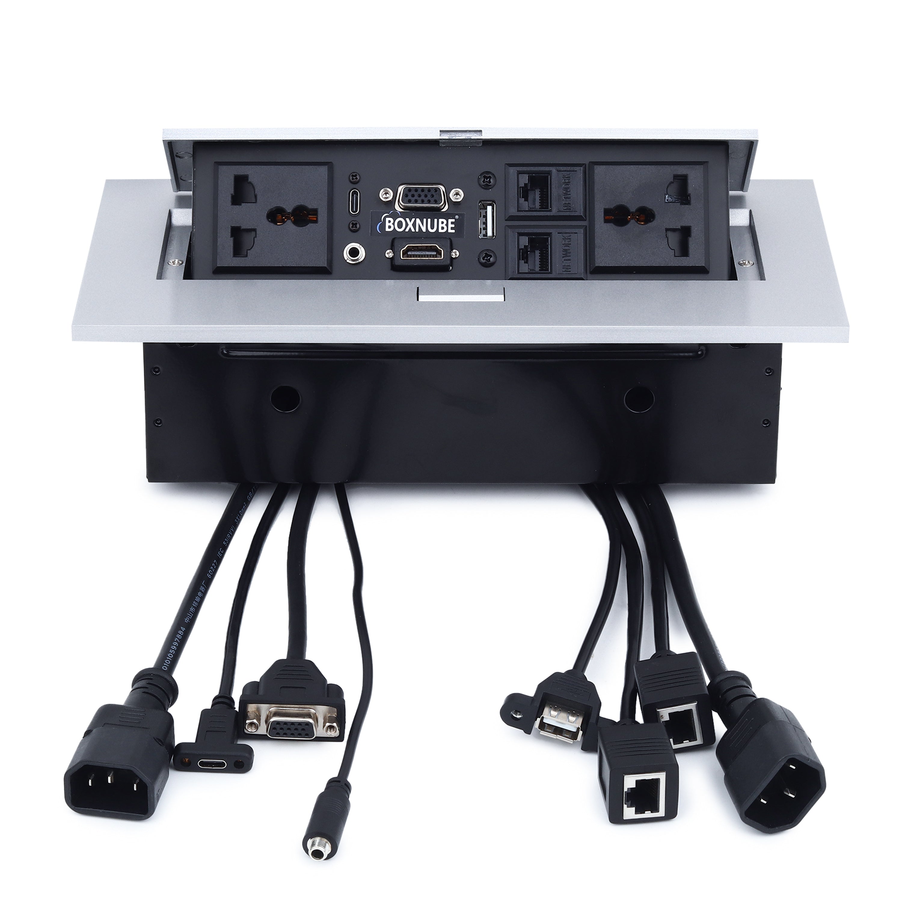 BOXNUBE Hydraulic Pop Up Box Cable Cubby with HDMI, VGA, Audio, LAN, USB A, USB Type C & Power Ports BOXNUBE Hydraulic Pop Up Box Cable Cubby with HDMI, VGA, Audio, LAN, USB A, USB Type C & Power Ports
